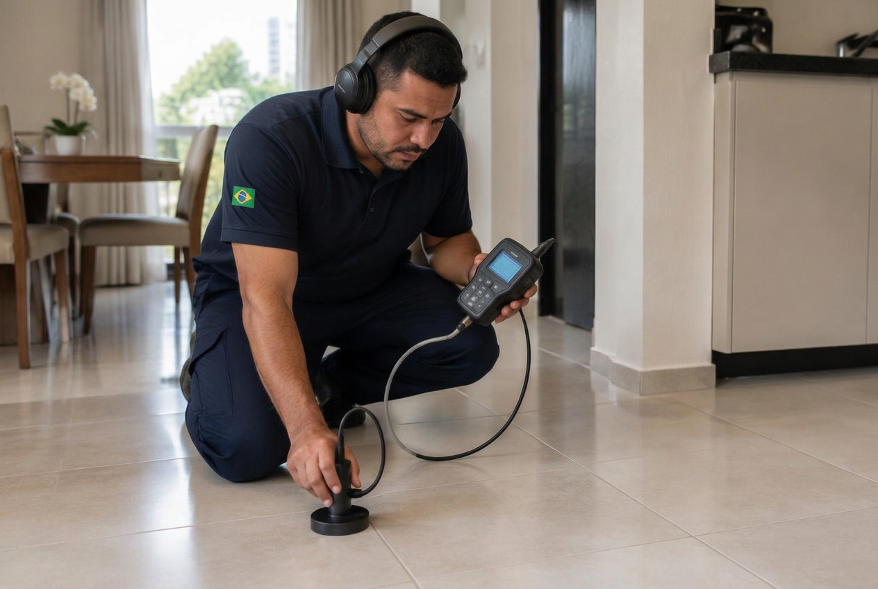 Profissional utilizando geofone eletrônico para caça vazamentos em Curitiba